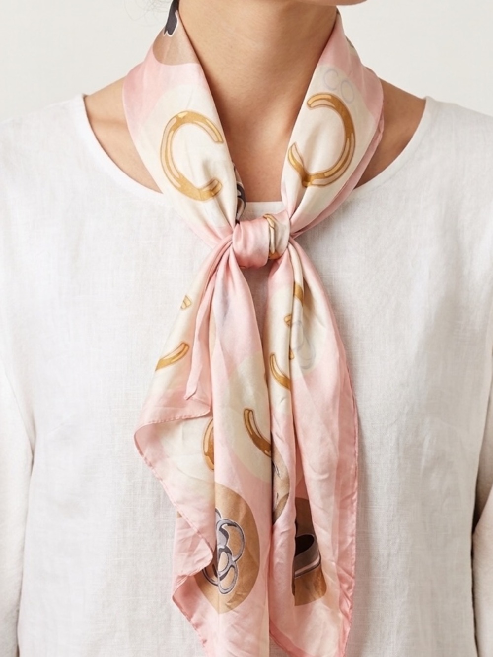Pink, Brown & Cream Chain Print Lightweight Silk-Feel Long Scarf